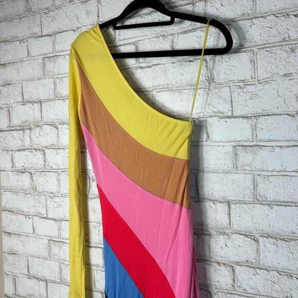 STAUD Dress Serena Maxi One Shoulder Sleeve Colorblock Stripe Capri Multi S - Picture 9 of 10